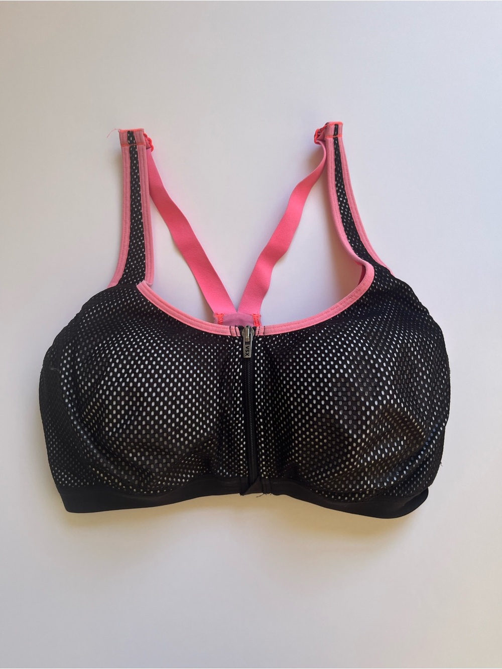 Victoria's Secret Black Mesh Sports Bra with Pink Trim and Front Zip